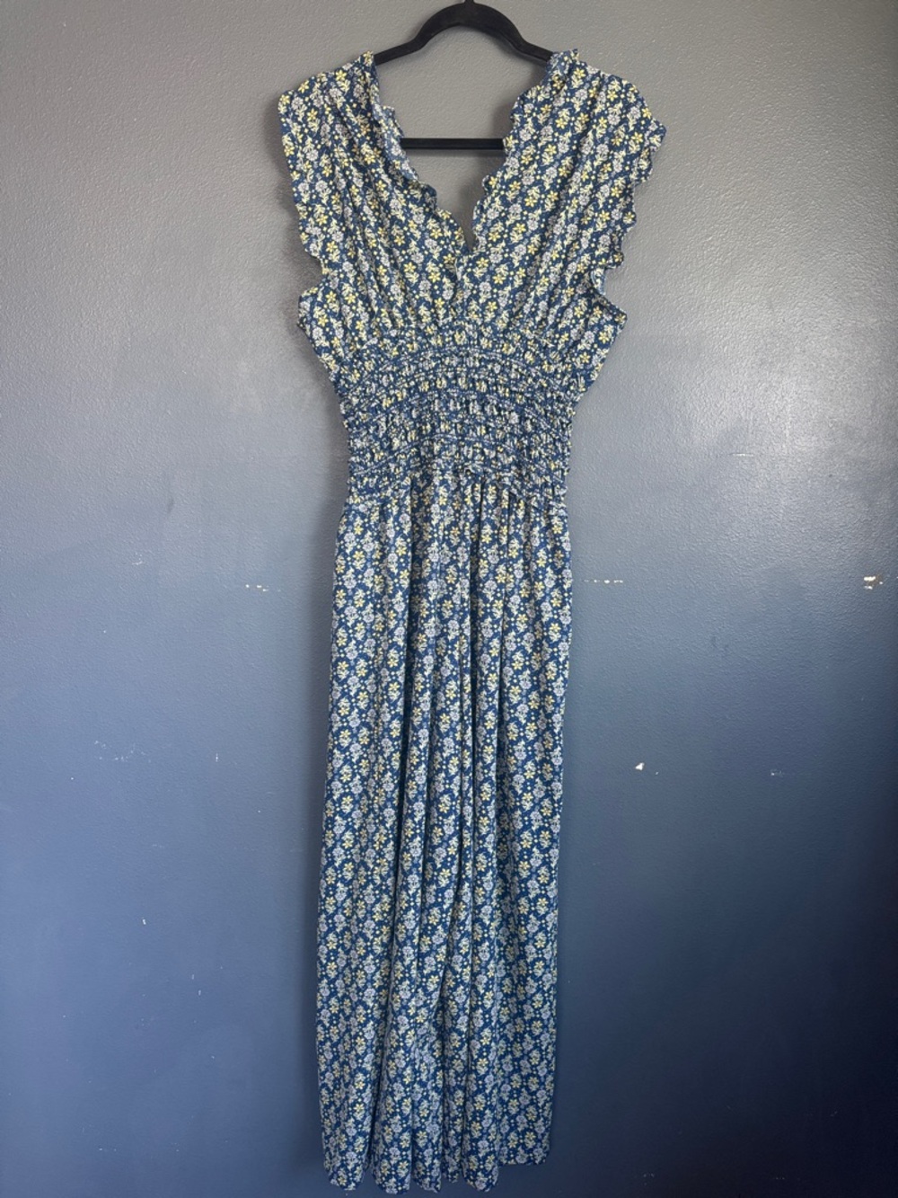 Max Studio Blue Floral Smocked-Waist Jumpsuit - Picture 4 of 9